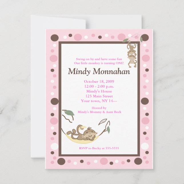 Convite Macaco Rosa Castanho Menino Trendy Aniversário 4,2 (Frente)