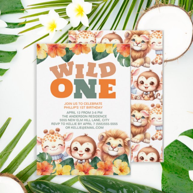 Convite Macaco Safari Lion Giraffe Selvagem de Um primeiro (Cute "Wild One" safari animal 1st birthday party invitation.)