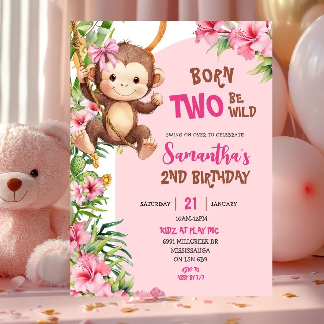 Convite Macaco Savannah Rosa Aniversário Born Two Be Wild  (Criador carregado)