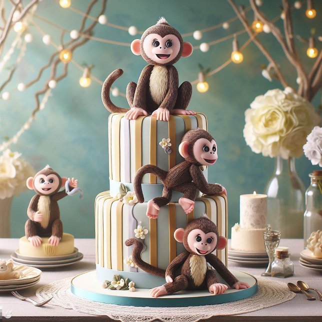 CONVITE MACACOS EM UM BOLO DE ANIVERSÁRIO (Kids Monkeys Everywhere Kids Party Invitation)
