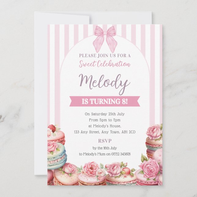 Convite Macaron Birthday Conite Stripe Sweet Celebração (Frente)