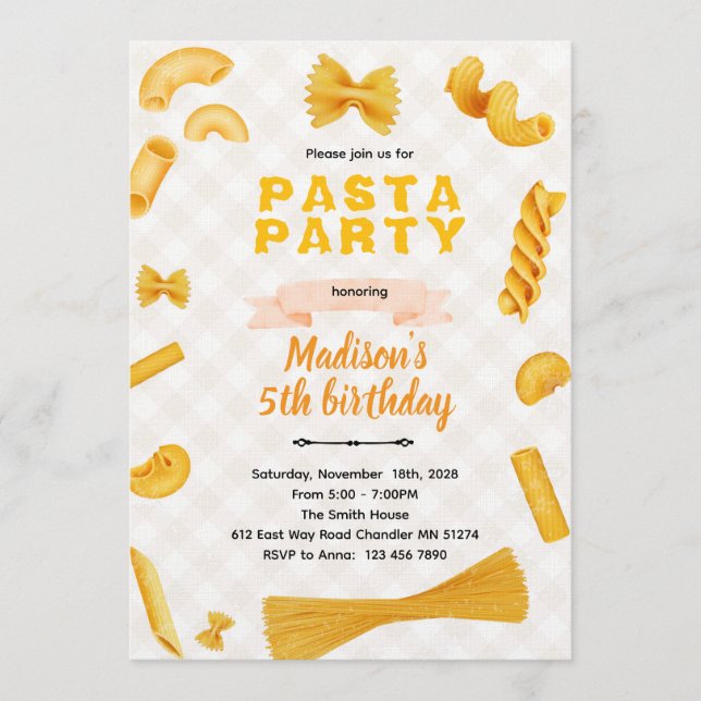 Convite Macaroni Pasta Themed Birthday Invitation (Frente)