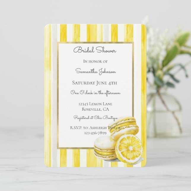 Convite Macarons Amarelo Limão Listras Chá de Noiva (Em pé/Frente)
