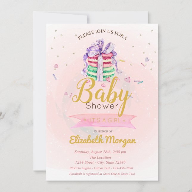 Convite Macarons, Estrelas É uma Menina Chá de Bebê (Frente)