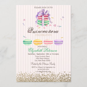 Convite Macarons Falso Diamantes Dourados Listrados Quince