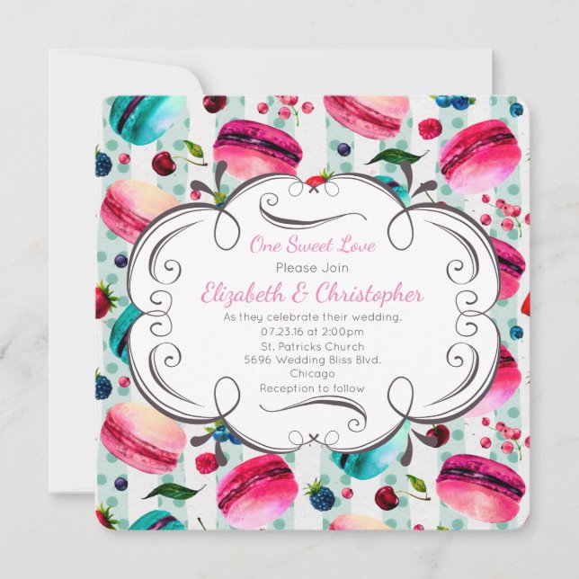 Convite Macarons French Dessert em Watercolor Wedding (Frente)