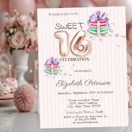Convite Macarons Listras Dourado Rosa Sweet 16