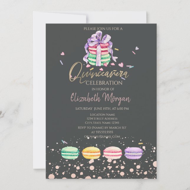 Convite Macarons Pontos de Confetes Quinceañera (Frente)
