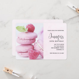 Convite Macarons Rosa com Aniversário de Frambosas Vermelh