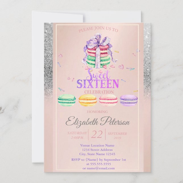 Convite Macarons Silver Glitter Bokeh Sweet 16 Party (Frente)