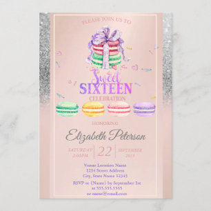 Convite Macarons Silver Glitter Bokeh Sweet 16 Party