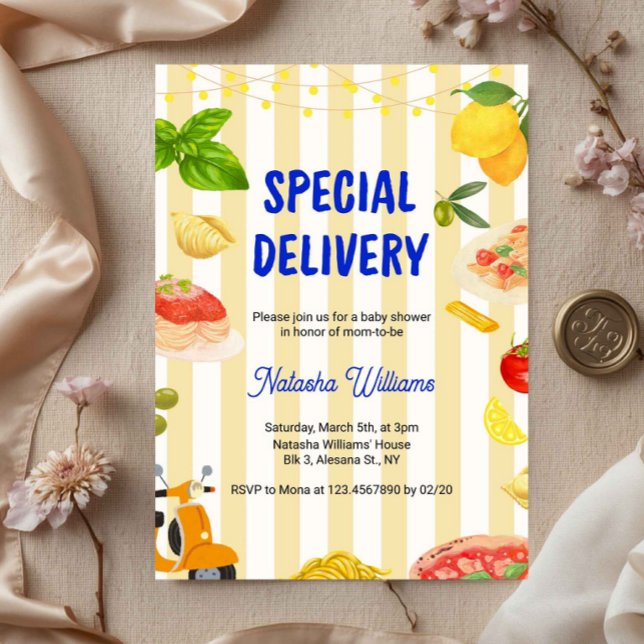 Convite Macarrão com Limão Entrega Especial para Chás de B (italian baby shower invitation, lemon baby shower invite, special delivery baby shower, mediterranea)