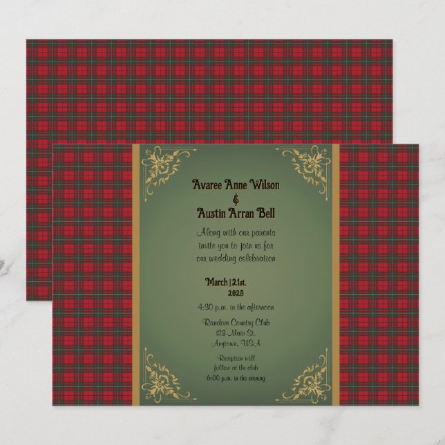 Convite MacAuley Modern Original Casamento de Tartan Escoc (Frente/Verso)