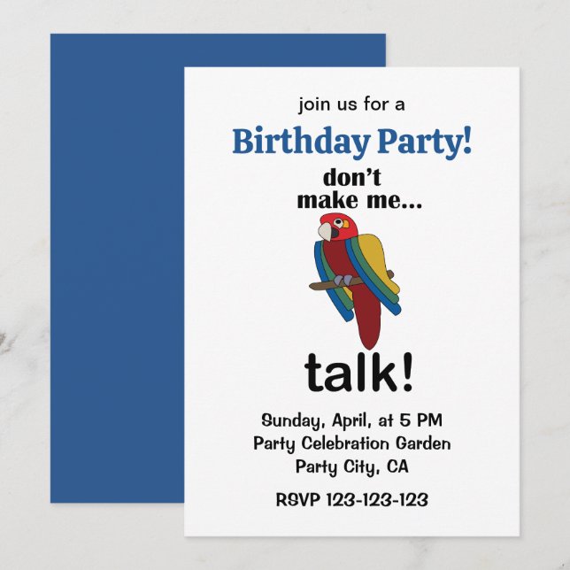 Convite Macaw Parrot Don't Make Me Talk Funny Birthday  (Frente/Verso)
