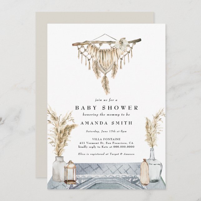 Convite Macrame Boho Rustic Chá de fraldas Azul Invi (Frente/Verso)