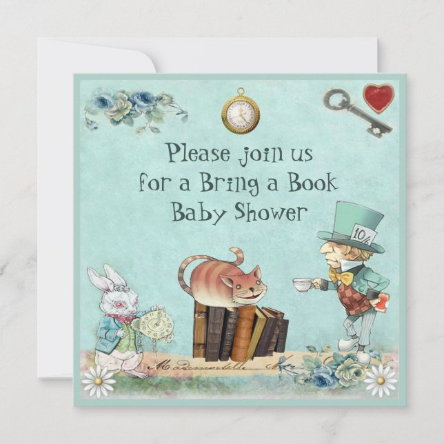 Convite Mad Hatter & Cheshire Cat Bring a Book Shower (Frente)