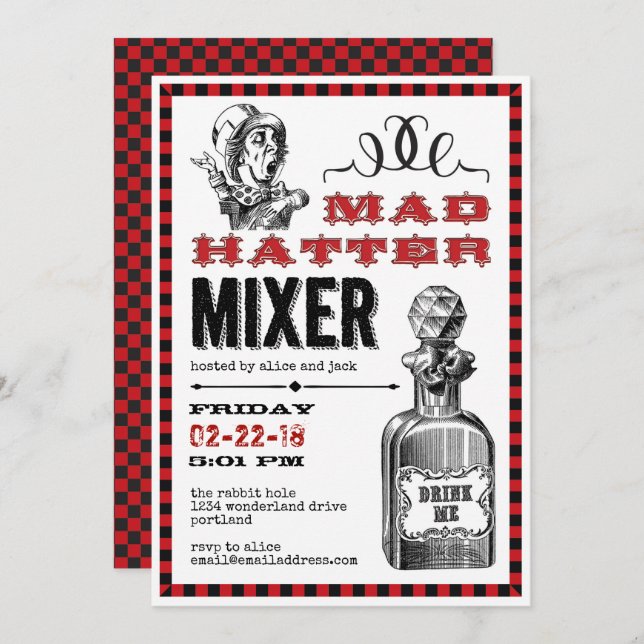 Convite Mad Hatter Mixer Party on White (Frente/Verso)
