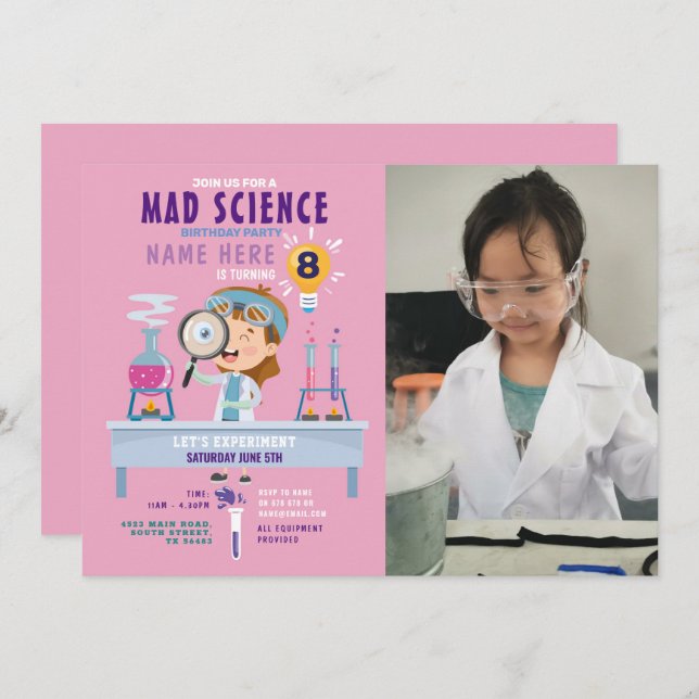 Convite Mad Science Experimental Girls Pink (Frente/Verso)