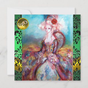 CONVITE MADAME POMPADOUR , DAMASCO PRETO VERDE MONOGRAMA