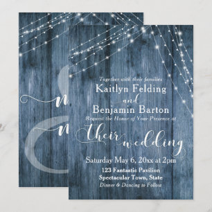 Convite Madeira Azul Rústica, Cordas Claras Brancas Casam