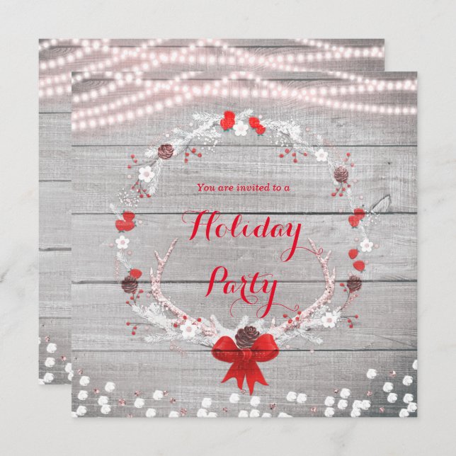 Convite Madeira Branca de Antler Wreath de Natal Russo (Frente/Verso)
