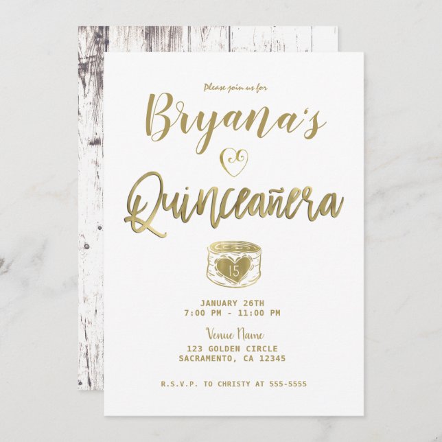 Convite Madeira Branca Rústica Dourada 15 Quinceañera (Frente/Verso)