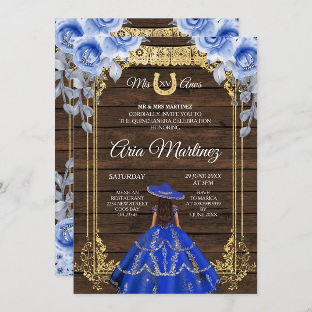 Convite Madeira Charro - Marinho Rosa Princesa Mis Quince (Frente/Verso)