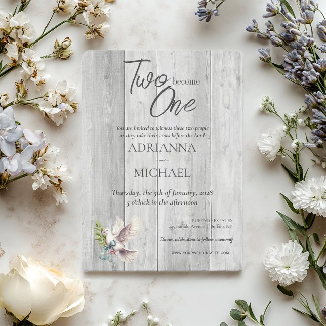 Convite Madeira Cristã Dois se Tornam Um com Pomba (Criador carregado)