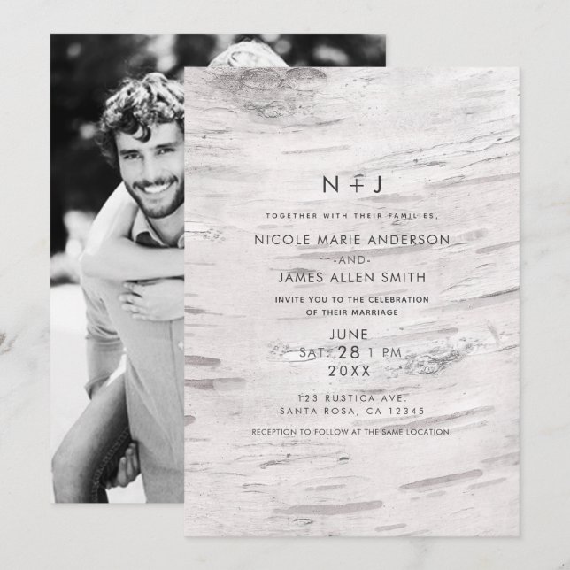 Convite Madeira de Bétula Branca Celeiro Rústico Moderno F (Frente/Verso)