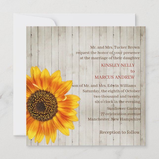 Convite Madeira de Casamento Russo Amarelo-Sunflower (Frente)