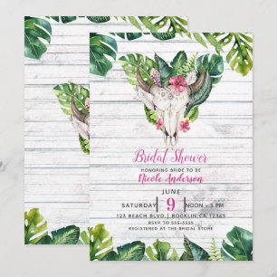 Convite Madeira de Praia Boho Caveira Folhas Florais Tropi