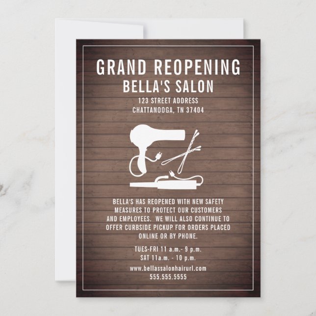 Convite Madeira de reabertura do salão de cabelo (Frente)