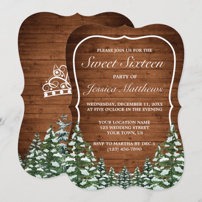 Convite Madeira Neve e Pinheiro Rural Florestal Sweet 16 (Frente/Verso)