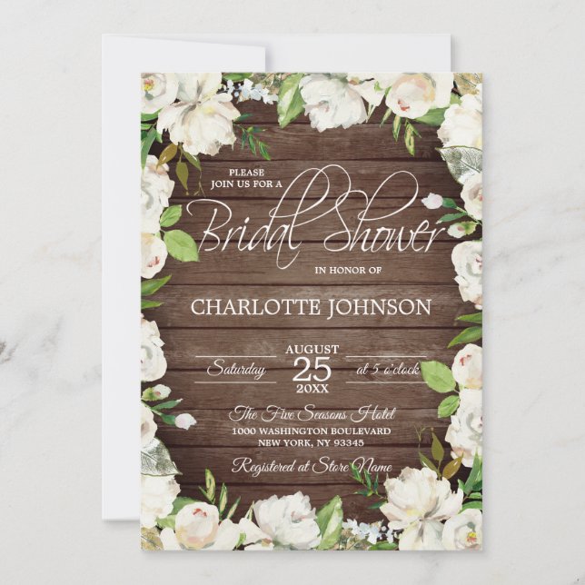 Convite Madeira russa Aquarela Chá de panela Floral Branco (Frente)