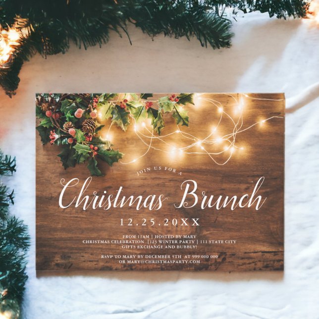 Convite Madeira russa e castanha-do-mato (Rustic wood brown country lights Christmas brunch Invitation)