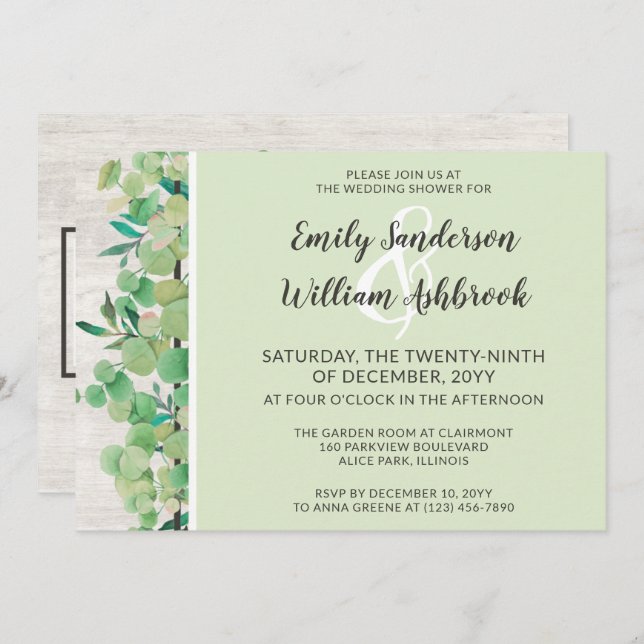 Convite Madeira russa e Chá de casamento botânico Eucalypt (Frente/Verso)