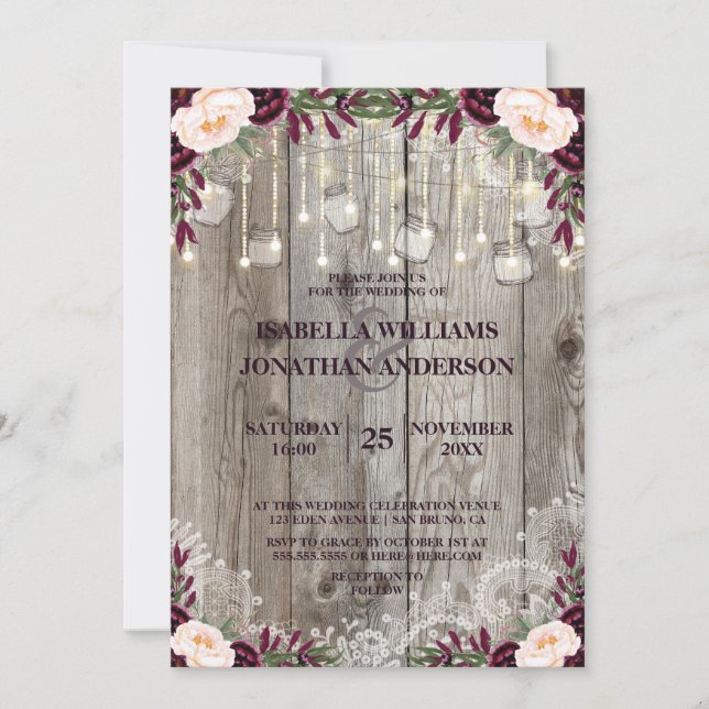 Convite Madeira russa e luzes de cordas rendas casamentos (Frente)