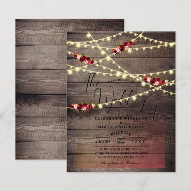 Convite Madeira russa | Luzes Burgundy flores casamento (Frente/Verso)