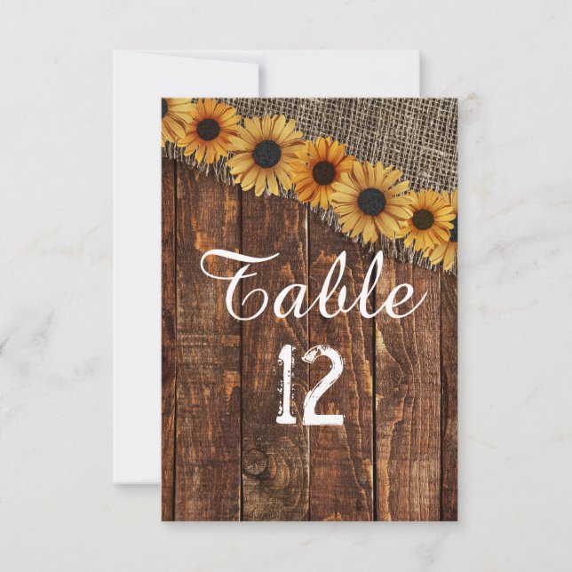 Convite Madeira Rústica Burlap Sunflower Table Number Sent (Frente)