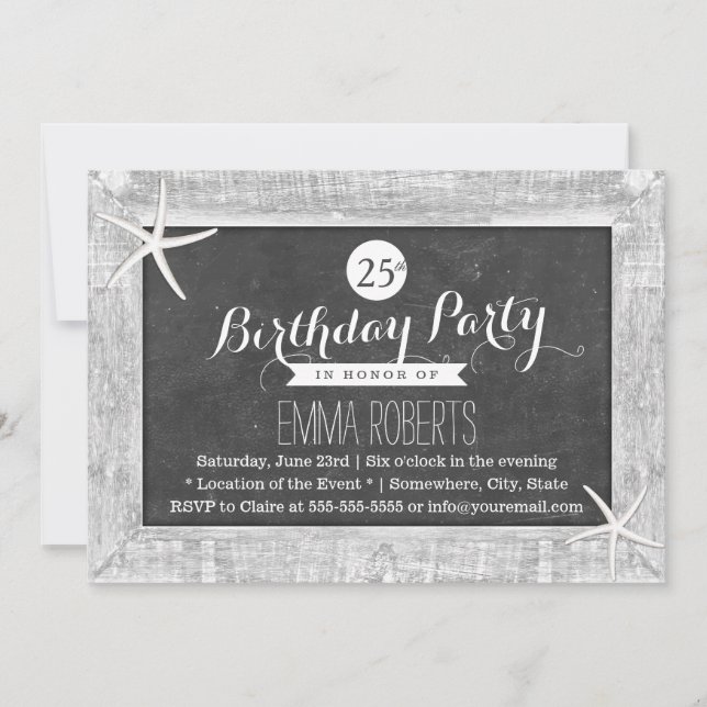 Convite Madeira Rústica Chalkboard Frame Starfish Aniversá (Frente)