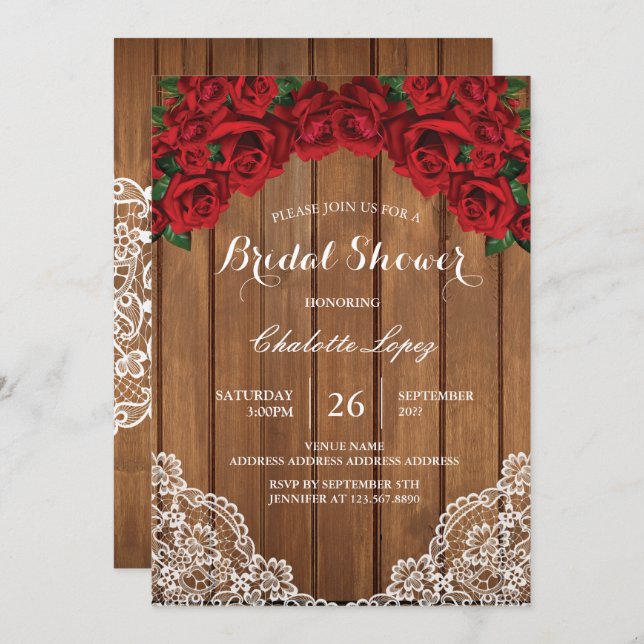 Convite madeira rústica de chá de panela Rosa vermelha (Frente/Verso)