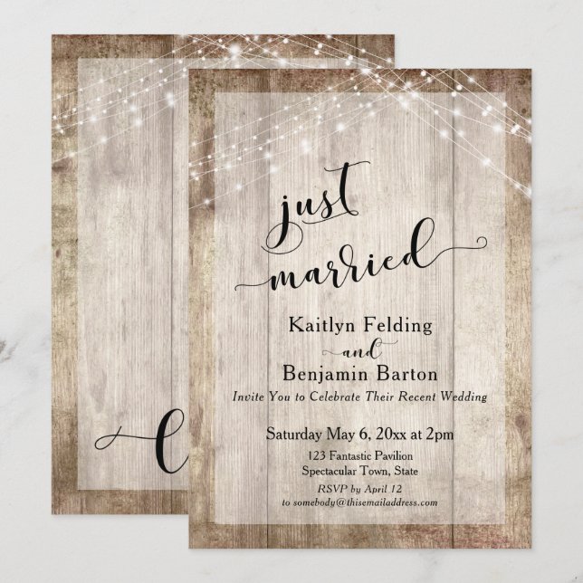 Convite Madeira Rústica e Luzes, Recém-Casados, Somente Ce (Frente/Verso)