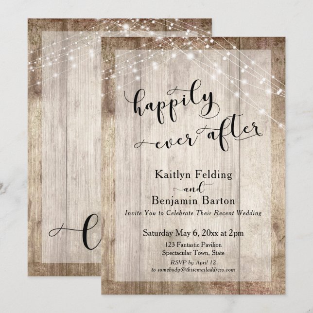 Convite Madeira Rústica e Luzes Recepção Feliz para Sempre (Frente/Verso)