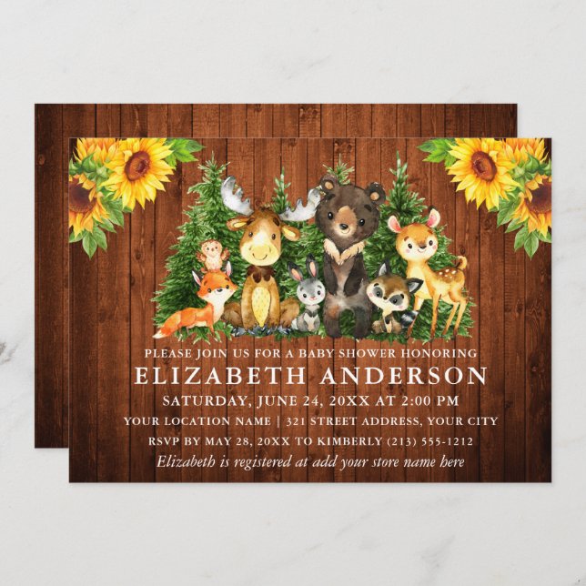 Convite Madeira Rústica Flores do Sol Chá de Animais da Fl (Frente/Verso)