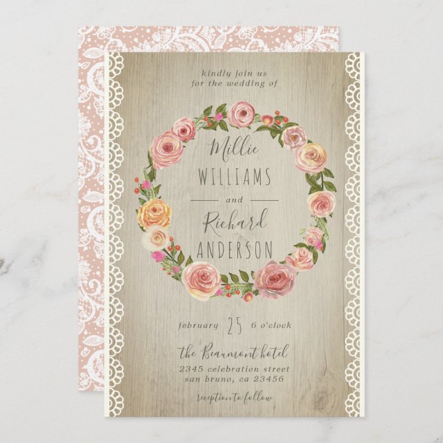 Convite Madeira Rústica, rendas ventianas e casamentos de  (Frente/Verso)