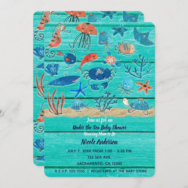 Convite Madeira Rústica Teal Sob o Mar Amigos Imísicos (Frente/Verso)