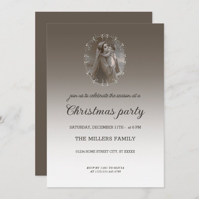 Convite Madona e Menino Vintage com Moldura de Prata (Frente/Verso)