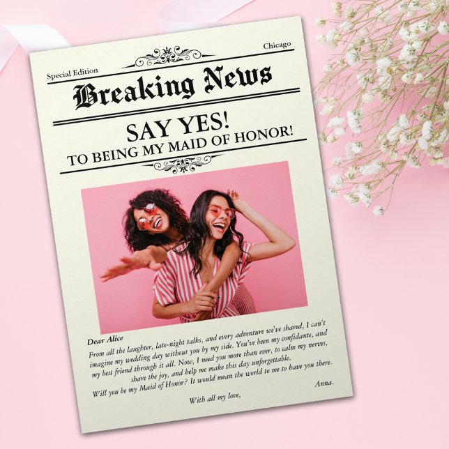 Convite Madrinha de casamento de Foto do Jornal ou Bridesm (Newspaper Photo Maid of Honor or Bridesmaid Invitation)