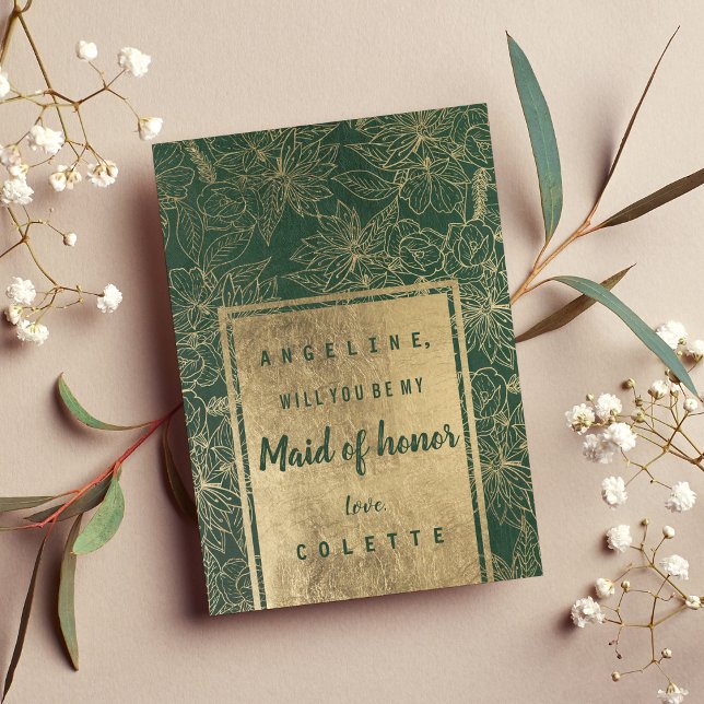 Convite Madrinha de casamento floral de ouro verde da flor (Classy forest green gold floral Maid of Honor)