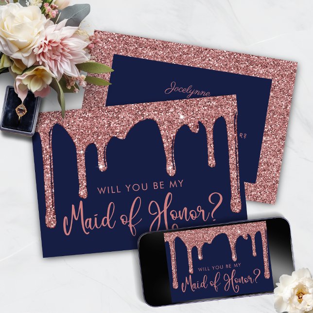 Convite Madrinha de casamento Rosa Azul Dourado Glitter Dr (Navy Blue Rose Gold Glitter Drips Maid of Honor Proposal)